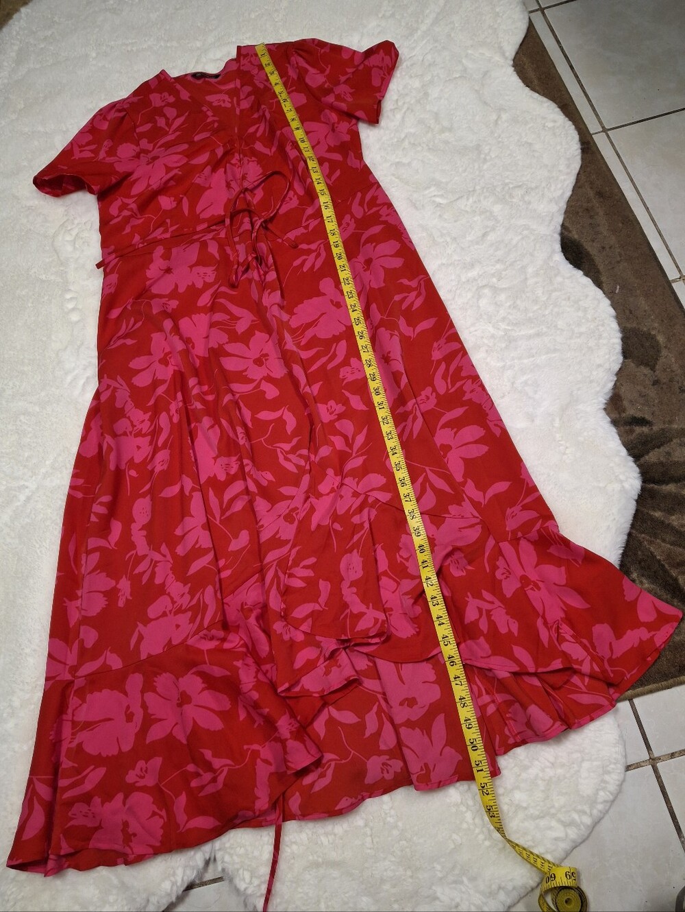 Tropical Floral Wrap Dress Maxi Pink Red Tie Waist Short Sleeve Women Size Small - Picture 12 of 14